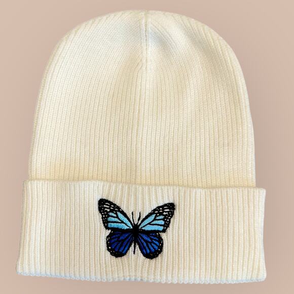 Beanie Knit Cap Winter Hat Unbranded Cuffed Embroidered Butterfly Women OS Cream - Picture 1 of 8